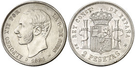 1883*18--. Alfonso XII. MSM. 2 pesetas. (Cal. 52). 9,88 g. Golpecito en canto reverso. Parte de brillo original. Ex Colección Manuela Etcheverría. MBC...