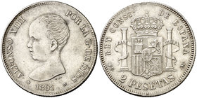 1891*1891. Alfonso XIII. PGM. 2 pesetas. (Cal. 31). 9,85 g. Primera estrella floja. Golpecitos. Ex Colección Manuela Etcheverría. Escasa. MBC.