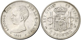 1892*1892. Alfonso XIII. PGM. 2 pesetas. (Cal. 32). 9,90 g. Ex Colección Manuela Etcheverría. MBC/MBC-.