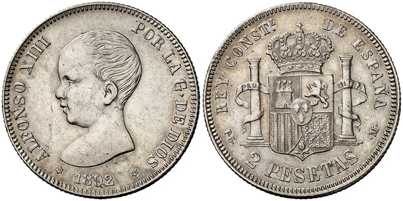 1892*1892. Alfonso XIII. PGM. 2 pesetas. (Cal. 32). 9,91 g. Leves marquitas. MBC...