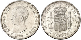 1892*1892. Alfonso XIII. PGM. 2 pesetas. (Cal. 32). 9,94 g. Leves rayitas. Brillo original. EBC-.