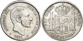 1881. Alfonso XII. Manila. 50 centavos. (Cal. 79). 12,62 g. Golpecitos. Ex Colección Manuela Etcheverría. MBC.