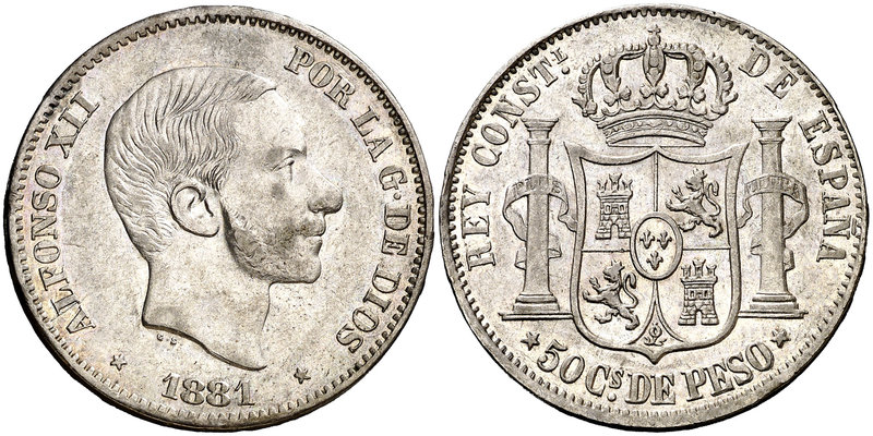 1881. Alfonso XII. Manila. 50 centavos. (Cal. 79). 12,90 g. Atractiva. Parte de ...