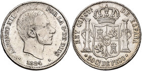 1884. Alfonso XII. Manila. 50 centavos. (Cal. 84). 12,93 g. Leves marquitas. Buen ejemplar. Escasa. MBC+/EBC-.