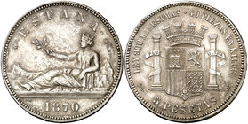 1870*1870. Gobierno Provisional. SNM. 5 pesetas. (Cal. 3). 24,86 g. Golpe en canto. Bonita pátina. Ex Colección Manuela Etcheverría. MBC+.