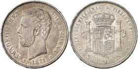 1871*1871. Amadeo I. SDM. 5 pesetas. (Cal. 5). 24,79 g. Pátina. MBC+.