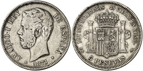 1871*1873. Amadeo I. DEM. 5 pesetas. (Cal. 9). 24,72 g. Golpecitos. Rara. BC+/MBC-.