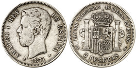 1871*1873. Amadeo I. DEM. 5 pesetas. (Cal. 9). 24,63 g. Rara. MBC.