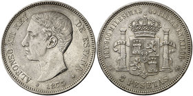 1875*1875. Alfonso XII. DEM. 5 pesetas. (Cal. 25a). 24,88 g. Leves rayitas. EBC-/MBC+.