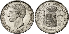 1876*1876. Alfonso XII. DEM. 5 pesetas. (Cal. 26a). 24,64 g. Leves rayitas. Parte de brillo original. Escasa así. EBC.