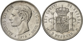 1878*1878. Alfonso XII. EMM. 5 pesetas. (Cal. 30). 24,82 g. Limpiada. Ex Colección Manuela Etcheverría. MBC.