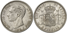 1879*1879. Alfonso XII. EMM. 5 pesetas. (Cal. 31). 24,77 g. Ex Colección Manuela Etcheverría. MBC-.