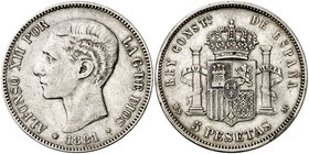 1881*1881. Alfonso XII. MSM. 5 pesetas. (Cal. 32). 24,93 g. Ex Colección Manuela Etcheverría. Escasa. MBC-.