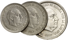 1957. Estado Español. BA (Barcelona). 5,25 y 50 pesetas. (Cal. 139). Serie completa de 3 monedas. S/C-.