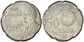 1990. Juan Carlos I. 50 pesetas. (Cal. 68 var). 5,59 g. Error del pantógrafo. EBC-.