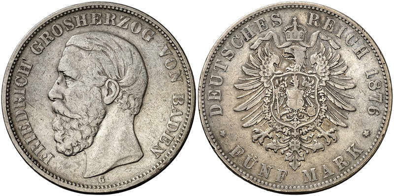 1876. Alemania. Baden. Federico. G (Karlsruhe). 5 marcos. (Kr. 263.2). 27,43 g. ...