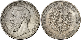1876. Alemania. Baden. Federico. G (Karlsruhe). 5 marcos. (Kr. 263.2). 27,43 g. AG. MBC-.