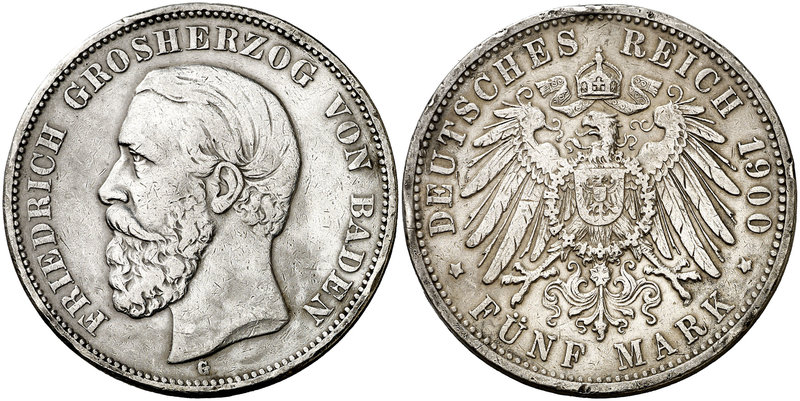 1900. Alemania. Baden. Federico. G (Karlsruhe). 5 marcos. (Kr. 268). 27,57 g. AG...