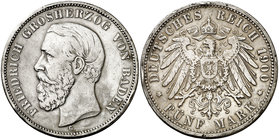 1900. Alemania. Baden. Federico. G (Karlsruhe). 5 marcos. (Kr. 268). 27,57 g. AG. Golpecitos. MBC-.