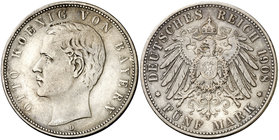 1908. Alemania. Baviera. Otto. D (Munich). 5 marcos. (Kr. 915). 27,59 g. AG. MBC-.