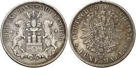 1876. Alemania. Hamburgo. J (Hamburgo). 5 marcos. (Kr. 598). 27,31 g. AG. MBC-.
