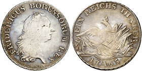 1765. Alemania. Prusia. Federico II. A (Berlín). 1 taler. (Kr. 306.1) (Dav. 2586). 22 g. AG. Rayitas de acuñación. Rara. MBC-.