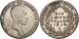1814. Alemania. Prusia. Federico Guillermo III. A (Berlín). 1 taler. (Kr. 387). 21,58 g. AG. BC/BC+.