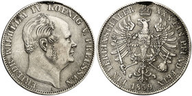 1859. Alemania. Prusia. Federico Guillermo IV. A (Berlín). 1 taler. (Kr. 471). 18,45 g. AG. Resto de soldadura en borde. (MBC+).