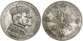 1861. Alemania. Prusia. Guillermo I de Alemania y Prusia, y Augusta de Sajonia. 1 taler. (Kr. 488). 18,45 g. AG. Coronación. EBC-.
