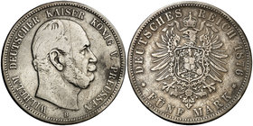 1876. Alemania. Prusia. Guillermo. B (Hannover). 5 marcos. (Kr. 503). 27,19 g. Raya. MBC-/MBC.