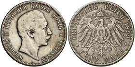 1899. Alemania. Prusia. Guillermo II. A (Berlín). 5 marcos. (Kr. 523). 27,26 g. AG. Golpecitos. MBC-.