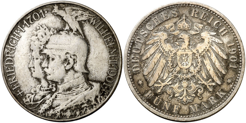 1901. Alemania. Prusia. Guillermo II. 5 marcos. (Kr. 526). 27,19 g. AG. 200 años...