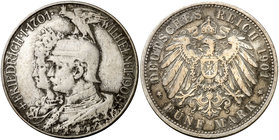 1901. Alemania. Prusia. Guillermo II. 5 marcos. (Kr. 526). 27,19 g. AG. 200 años de reinado. Escasa. MBC-.