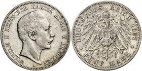 1907. Alemania. Prusia. Guillermo II. A (Berlín). 5 marcos. (Kr. 523). 27,69 g. AG. Limpiada. MBC-/MBC.