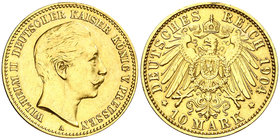 1904. Alemania. Prusia. Guillermo II. A (Berlín). 10 marcos. (Fr. 3835) (Kr. 520). 3,95 g. AU. Rayita y golpecito. MBC+.