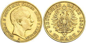 1889. Alemania. Prusia. Guillermo II. A (Berlín). 20 marcos. (Fr. 3830) (Kr. 516). 7,92 g. AU. MBC+/EBC-.