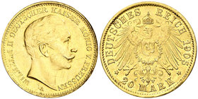 1905. Alemania. Prusia. Guillermo II. A (Berlín). 20 marcos. (Fr. 3831) (Kr. 521). 8,02 g. AU. MBC+.