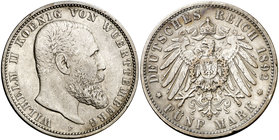 1892. Alemania. Wurttemberg. Federico II. 5 marcos. (Kr. 632). 27,41 g. AG. Rayitas. MBC-.