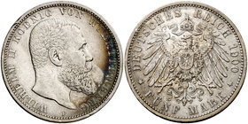 1900. Alemania. Wurttemberg. Guillermo II. F (Stuttgart). 5 marcos. (Kr. 632). 27,60 g. AG. Rayitas. MBC-.
