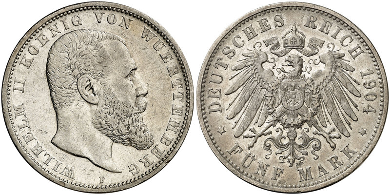 1904. Alemania. Wurttemberg. Guillermo II. F (Stuttgart). 5 marcos. (Kr. 632). 2...