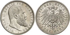 1904. Alemania. Wurttemberg. Guillermo II. F (Stuttgart). 5 marcos. (Kr. 632). 27,64 g. AG. Rayitas. MBC/MBC+.