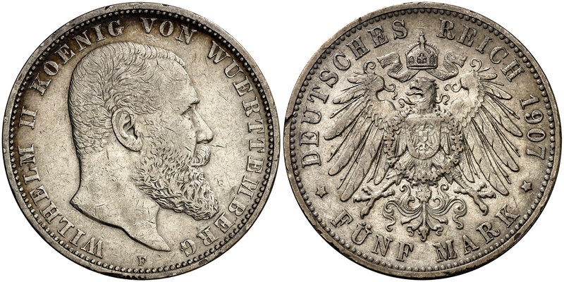 1907. Alemania. Wurttemberg. Guillermo II. F (Stuttgart). 5 marcos. (Kr. 632). 2...