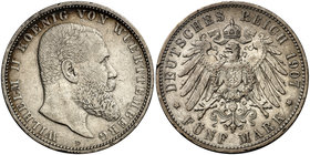 1907. Alemania. Wurttemberg. Guillermo II. F (Stuttgart). 5 marcos. (Kr. 632). 27,62 g. AG. Golpecitos. MBC.