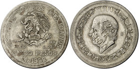 1962. Anguilla. 1 dólar. (Kr.UWC. 1). 27,66 g. AG. Contramarca: ANGUILLALIBERTYDOLLAR - JULY/11/1967 sobre 5 pesos de México de 1952. MBC.
