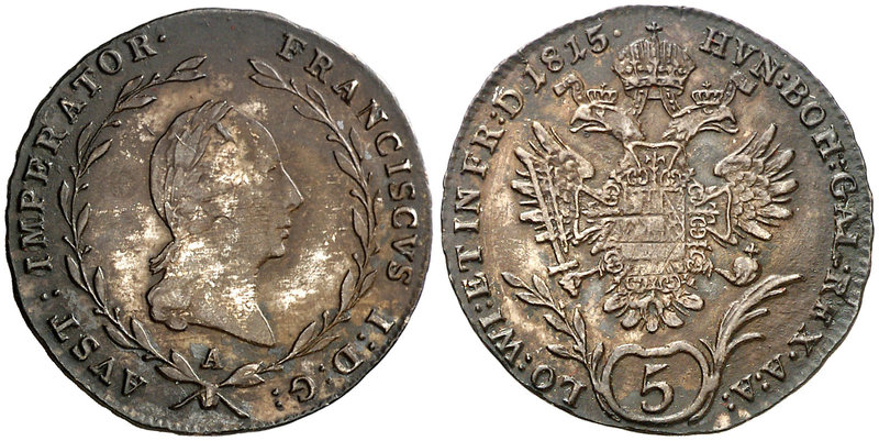 1815. Austria. Francisco II. A (Viena). 5 kreuzer. (Kr. 2122). 2,16 g. AG. MBC/M...
