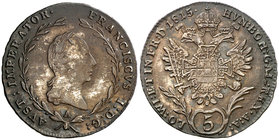 1815. Austria. Francisco II. A (Viena). 5 kreuzer. (Kr. 2122). 2,16 g. AG. MBC/MBC+.