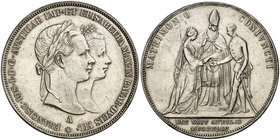 1854. Austria. Francisco José I. A (Viena). 2 gulden. (Kr.UWC. M3). 25,87 g. AG. Boda del Emperador. Limpiada. Escasa. MBC+.