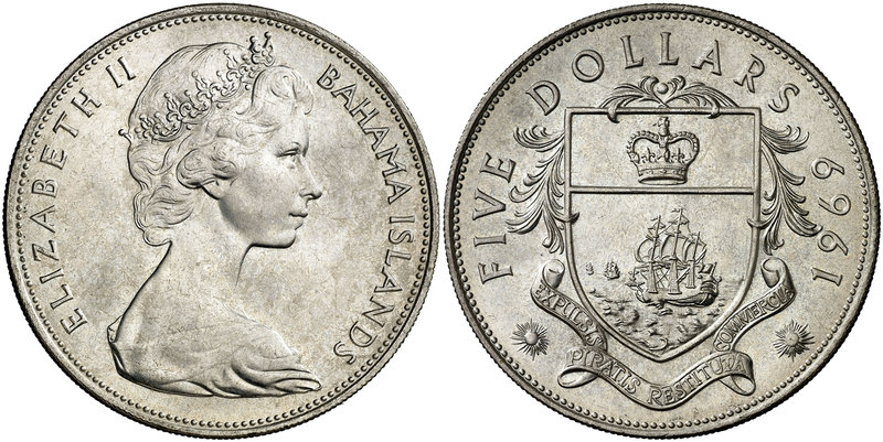 1969. Bahamas. Isabel II. 5 dólares. (Kr. 10). 41,89 g. AG. S/C.