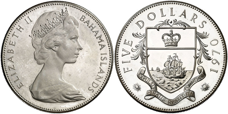 1970. Bahamas. Isabel II. 5 dólares. (Kr. 10). 41,68 g. AG. (Proof).