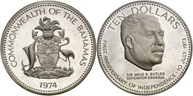 1974. Bahamas. 10 dólares. (Kr. 68a). 50,72 g. AG. 1er aniversario de la Independencia. (Proof).